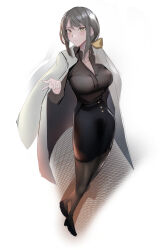 1girl 35oku_vs arm_behind_back artist_name black_pantyhose black_skirt black_survival blush bow breasts brown_shirt closed_mouth coat coat_on_shoulders commentary_request dr._nadja eternal_return:_black_survival full_body grey_hair hair_bow hand_up high_heels highres lab_coat light_smile long_hair long_skirt long_sleeves looking_at_viewer medium_breasts open_clothes open_coat open_robe pantyhose robe robe_on_shoulders shirt sidelocks simple_background skirt solo standing white_background white_coat white_robe yellow_bow yellow_eyes