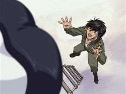 1boy 1girl animated animated_gif ass ass_focus ass_shake bike_shorts climbing climbing_ladder full_metal_panic! ladder military military_uniform sagara_sousuke shirt short_hair teletha_testarossa white_shirt