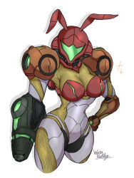1girl animal_ears arm_cannon armor artist_name assault_visor breasts cowboy_shot fake_animal_ears green-tinted_eyewear helmet highres large_breasts leotard metroid metroid_dread missing_commentary nintendo playboy_bunny rabbit_ears red_helmet samus_aran shoulder_armor signature simple_background solo tinted_eyewear wakaba_(wata_ridley) weapon white_background