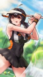 1girl absurdres ahoge artist_name ball black_dress black_hair breasts cleavage commentary covered_navel dress english_commentary grace_howard highres holding_tennis_racket large_breasts orange_eyes playing_sports ponytail racket sleeveless sleeveless_dress solo sweat taryckisme tennis_ball tennis_racket tongue tongue_out twitter_username visor_cap zenless_zone_zero zipper_dress