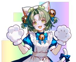 Rule 34 | 1girl, :d, animal ears, animal hands, animal hat, apron, bell, blue bow, blue dress, bow, cat ears, cat girl, cat hat, cat paws, cat tail, commentary, dejiko, di gi charat, dress, fangs, gloves, green eyes, green hair, hair bell, hair ornament, hat, hauauau99, highres, jingle bell, looking at viewer, open mouth, paw gloves, puffy short sleeves, puffy sleeves, short hair, short sleeves, smile, solo, tail, two side up, upper body, white apron, white hat