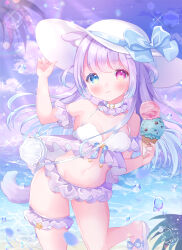 1girl :3 absurdres animal_ears arm_garter bare_shoulders bikini blue_bow blue_eyes blue_hair blue_ribbon blush bow breasts choker closed_mouth cloud commentary_request dated dog_ears dog_girl dog_tail food foot_out_of_frame frilled_thigh_strap gradient_hair groin hand_on_headwear hat hat_bow hat_ribbon heterochromia highres ice_cream lens_flare long_hair medium_breasts multicolored_hair multiple_scoops navel ocean omochi_monaka original outdoors paid_reward_available pastel_colors purple_hair red_eyes ribbon sandals sky slippers solo standing standing_on_one_leg sun_hat swimsuit tail thigh_strap white_bikini white_hat white_sandals