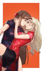 Rule 34 | 2girls, black shorts, blonde hair, blue dress, blush, border, brown hair, china dress, chinese clothes, closed mouth, commentary request, dress, eye contact, hairband, hand on another&#039;s back, hand on another&#039;s neck, highres, long hair, looking at another, multiple girls, orange background, purple eyes, red dress, red hairband, roozu ru, saijou claudine, shorts, shorts under dress, shoujo kageki revue starlight, simple background, smile, tendou maya, white border, yuri