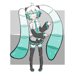 1girl absurdres black_boots black_skirt black_sleeves boots border brown_background collared_shirt commentary detached_sleeves dotted_line full_body green_eyes green_hair green_necktie grey_shirt hatsune_miku highres liquid_hair long_hair looking_at_viewer microphone necktie pleated_skirt rennkurusu shirt simple_background skirt sleeveless sleeveless_shirt solo thigh_boots twintails two-tone_shirt very_long_hair vocaloid white_background white_shirt