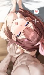 1boy 1girl ass ayamy_(vtuber) bed_sheet blue_eyes blush breasts brown_hair completely_nude fang hair_ornament hair_scarf hairclip heart heart_in_eye highres indie_virtual_youtuber large_breasts looking_at_viewer looking_up nipples nude open_mouth pectorals pink_scarf redi_(rasec_asdjh) scarf sex sex_from_behind sheet_grab skin_fang solo_focus sweat symbol_in_eye virtual_youtuber x_hair_ornament