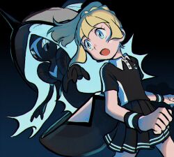1girl :o alternate_costume black_shirt black_skirt blonde_hair blue_eyes buttons collared_shirt commentary elizabeth_(tomas21) eyelashes gen_7_pokemon gradient_background highres legendary_pokemon lillie_(pokemon) long_hair nintendo open_mouth pleated_skirt pokemon pokemon_(creature) pokemon_sm ponytail shirt short_sleeves skirt tapu_fini wristband