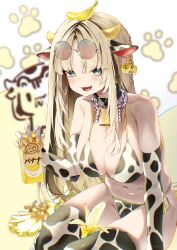 1girl absurdres animal_ears animal_print armpit_crease banana bare_shoulders bikini black_choker blonde_hair blue_eyes breasts choker cleavage commentary_request commission cow_ears cow_horns cow_print cow_print_bikini elbow_gloves eyewear_on_head fake_animal_ears fake_horns fang food fruit gloves hairband highres holding hololive hololive_dev_is horns koganei_niko large_breasts long_hair looking_at_viewer multicolored_bikini multicolored_hair navel object_on_head open_mouth pparus print_bikini revision round_eyewear side-tie_bikini_bottom sitting smile solo stomach streaked_hair string_bikini sunglasses swimsuit thighhighs thighs two-tone_bikini very_long_hair virtual_youtuber white_bikini white_thighhighs