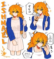 1girl asdf8x8 bubble_tea character_name drink freckles green_eyes highres holding holding_drink ishmael_(project_moon) korean_commentary korean_text limbus_company orange_hair ponytail project_moon skirt solo speech_bubble thought_bubble translation_request white_background white_skirt