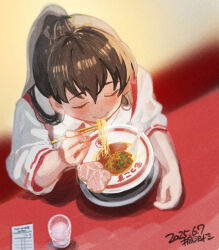 1girl akagi_(kancolle) alternate_hairstyle artist_name brown_hair commentary_request dated eating food from_above japanese_clothes kantai_collection kirisawa_juuzou long_hair noodles ponytail ramen solo tasuki upper_body