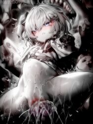 1boy 1girl artist_name bestiality bilibili_username blue_eyes blur_censor bow censored character_request chinese_commentary commentary_request cum cum_in_pussy cum_overflow hair_bow hetero highres kupa_(jesterwii) loli navel one_side_up paid_reward_available parted_lips penis pussy pussy_juice sex shadowverse spot_color spread_legs stomach_bulge sweat tearing_up vaginal