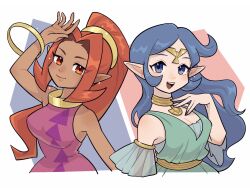 2girls an-chan_(ananna0315) bangle blue_eyes blue_hair bracelet breasts cleavage closed_mouth dark-skinned_female dark_skin din dress highres jewelry long_hair looking_at_viewer multiple_girls nayru neck_ring nintendo open_mouth pointy_ears ponytail red_eyes red_hair smile the_legend_of_zelda the_legend_of_zelda:_oracle_of_ages the_legend_of_zelda:_oracle_of_seasons unitard very_long_hair