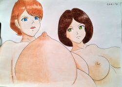 Rule 34 | 2girls, absurdres, blue eyes, breasts, brown hair, completely nude, emma sheen, green eyes, gundam, highres, large breasts, miruki arts, multiple girls, nipples, nude, open mouth, reccoa londe, short hair, traditional media, white background, zeta gundam