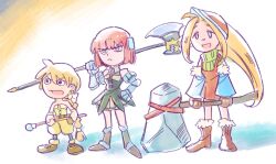 3girls bare_shoulders blonde_hair bow braid closed_mouth dress full_body gloves hair_ribbon height_difference jewelry long_hair meythia multi-tied_hair multiple_girls open_mouth pantyhose parody parody_request ponytail primiera_(saga) ribbon saga saga_frontier_2 shorts skirt smile style_parody very_long_hair virginia_knights weapon yutarou