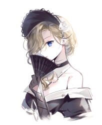 1girl absurdres argyle_clothes argyle_gloves azur_lane bead_necklace beads black_bonnet black_dress blonde_hair blue_eyes bonnet breasts cleavage closed_mouth collar collarbone collared_dress cropped_torso detached_collar dress eyelashes flower folding_fan gloves grey_gloves hair_over_one_eye hand_fan happy hat hat_flower highres holding holding_fan hood_(azur_lane) jewelry lace-trimmed_headwear lace_trim moonlgnance necklace pointy_nose puffy_short_sleeves puffy_sleeves rose short_hair short_sleeves simple_background single_stripe smile solo striped_collar wavy_hair white_background white_collar white_flower white_rose