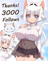 1girl absurdres animal_ears black_shorts blue_eyes breasts cat_ears cat_girl cat_tail cropped_sweater erigo hair_intakes hand_on_own_chest heart heart-shaped_pupils highres kimi_no_koto_ga_dai_dai_dai_dai_daisuki_na_100-nin_no_kanojo large_breasts micro_shorts multiple_tails navel nekonari_tama open_mouth ribbed_sweater see-through_clothes see-through_shirt shirt short_hair shorts shorts_under_skirt sweater symbol-shaped_pupils tail turtleneck turtleneck_sweater white_hair