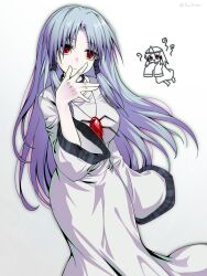 Rule 34 | 1girl, banshiryuu, black trim, blue hair, breasts, chinese commentary, closed mouth, commentary request, dress, euthan, expressionless, hair tubes, hand up, highres, jewelry, large breasts, light blue hair, long dress, long hair, long sleeves, pale skin, parted bangs, pendant, plaid trim, red eyes, seihou, simple background, white background, white dress, wide sleeves, yuitia (seihou)