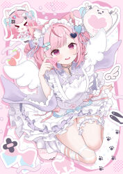 &gt;_&lt; 1girl absurdres ahoge angel_wings animal_ears apron bandaid bandaid_hair_ornament blush bow braid braided_hair_rings breasts cat_ears cat_girl chibi chibi_inset choker dress grey_choker hair_bow hair_ornament hair_rings heart heart_hair_ornament heart_o-ring highres indie_virtual_youtuber long_hair long_sleeves looking_at_viewer maid maid_headdress medium_hair o-ring o-ring_choker open_mouth pink_background pink_eyes pink_hair purple_bow purple_dress smile thighs two_side_up virtual_youtuber white_apron white_wings wings yamato1001_1214 yuuki_sakuna yuuki_sakuna_(1st_costume) yuuki_sakuna_(2nd_costume)
