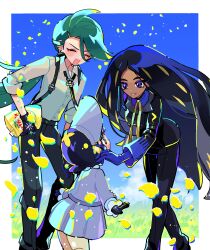 3girls absurdres black_gloves black_hair black_necktie black_pants blue_gloves blue_sky blush closed_eyes cloud collared_shirt dark-skinned_female dark_skin dress flower geeta_(pokemon) gloves grass green_hair hair_flower hair_ornament hat highres holding jacket long_hair long_sleeves mochi_(buchumi10) multiple_girls necktie nintendo open_mouth pants petals pokemon pokemon_sv poppy_(pokemon) rika_(pokemon) shirt sky suspenders very_long_hair yellow_flower