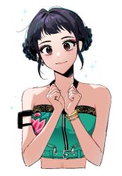 1girl aonly_11 bare_shoulders black_hair bracelet brown_eyes crop_top double_bun eyelashes eyeliner hair_bun jewelry looking_at_viewer makeup shirt short_hair simple_background smile solo sparkle white_background zipper zoey_(kpop_demon_hunters)