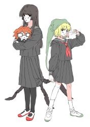 2girls 97ttwwaazz absurdres arthropod_girl arthropod_limbs avalona black_eyes black_hair black_serafuku blonde_hair character_doll hat highres holding holding_stuffed_toy insect_girl long_hair looking_at_viewer monster_girl multiple_girls randal&#039;s_friends randal_ivory school_uniform serafuku simple_background spider_girl spider_girl_(randal&#039;s_friends) standing stuffed_toy v white_background