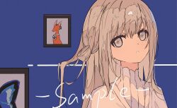 1girl :o absurdres aged_down blue_background dress green_eyes grey_hair hair_bun highres long_hair looking_at_viewer picture_frame reverse:1999 sample_watermark single_side_bun solo upper_body vertin_(reverse:1999) watermark white_dress xiao_jin_caoooooooi