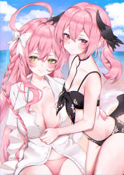 Rule 34 | 2girls, absurdres, bikini, black bikini, black wings, blue archive, blush, bow, braid, breasts, cleavage, closed mouth, feathered wings, floral print bikini, green eyes, hair biw, hanako (blue archive), hanako (swimsuit) (blue archive), hand on another&#039;s back, head wings, highres, koharu (blue archive), koharu (swimsuit) (blue archive), large breasts, long hair, low twintails, moy, multiple girls, official alternate costume, pink bikini, pink eyes, pink hair, shirt, sidelocks, single braid, smile, swimsuit, twintails, very long hair, white bow, white shirt, wings