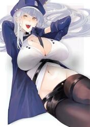 1girl artist_request between_breasts breasts character_request gloves groin large_breasts navel sharp_teeth smile source_request tagme teeth
