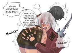 1boy 1girl anger_vein bike_shorts black_gloves black_hair blood blood_on_face blue_eyes carrying dante_(devil_may_cry) devil_may_cry devil_may_cry_(series) devil_may_cry_3 fingerless_gloves gloves highres jumpoon lady_(devil_may_cry) rebellion_(sword) shoulder_carry signature simple_background spanking speech_bubble sword sword_on_back weapon weapon_on_back white_background white_hair