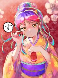 1girl artist_name commentary cone_horns drunk flower food fruit green_hair hair_bun hair_flower hair_ornament hands_up head_tilt holding holding_food holding_fruit horns japanese_clothes kimono looking_at_viewer lum miz_mus multicolored_hair obi oni orange_eyes parted_lips pink_flower pink_hair pointy_ears purple_hair purple_sash red_background sash short_hair solo speech_bubble translated twitter_username umeboshi upper_body urusei_yatsura white_flower yellow_kimono
