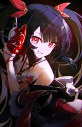 1girl :d absurdres bare_shoulders bell black_background black_choker black_hair bow breasts choker cleavage collarbone criss-cross_halter detached_sleeves dress fox_mask glint grin hair_bow halterneck hand_up highres holding holding_mask honkai:_star_rail honkai_(series) jaihu long_hair looking_at_viewer mask medium_breasts neck_bell o-ring open_mouth red_bow red_dress red_eyes red_sleeves short_sleeves sidelocks simple_background sleeveless sleeveless_dress smile solo sparkle_(honkai:_star_rail) teeth twintails upper_body v-shaped_eyebrows