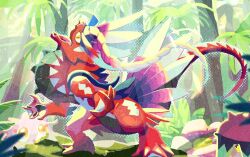 Rule 34 | artist request, brute bonnet, colored sclera, flower, koraidon, looking up, nintendo, no humans, open mouth, orange eyes, outdoors, pink flower, pokemon, pokemon (creature), pokemon focus, pokemon tcg, scream tail, second-party source, sunlight, tree, yellow sclera