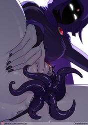 1girl anus artist_name black_leotard black_panties breasts cape chrysalisdraws clitoris colored_pussy colored_skin covered_erect_nipples dc_comics fingernails forehead_jewel from_below gem glowing glowing_eyes grey_skin hand_on_own_thigh highleg highres image_sample knees_out_of_frame large_breasts leotard looking_at_viewer panties patreon_logo patreon_sample patreon_username purple_cape purple_hair purple_hood pussy_juice pussy_tentacle raven_(dc) red_gemstone shade shaded_face sharp_fingernails short_hair simple_background sleeved_leotard solo spread_pussy spreading_own_pussy tentacles thighs uncensored underwear white_background white_eyes