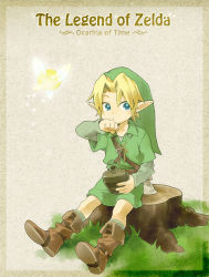 1boy bad_id bad_pixiv_id blonde_hair blue_eyes boots bottle child hat link navi nintendo pointy_ears the_legend_of_zelda the_legend_of_zelda:_ocarina_of_time utako young_link