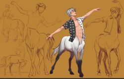 Rule 34 | 1boy, abs, baxter ward, black hair, black shirt, centaur, full body, gradient skin, male focus, monarch chimera, multicolored hair, multiple views, open clothes, open shirt, our life, our life: beginnings and always, outstretched arms, pectoral cleavage, pectorals, shirt, short hair, sketch inset, smile, taur, two-tone shirt, unbuttoned, white hair, white shirt, yellow background