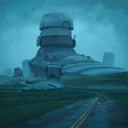 abandoned cannon car cloud cloudy_sky dilapidated highres military_vehicle motor_vehicle no_humans official_art outdoors road science_fiction simon_stalenhag sky the_electric_state