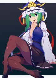 1girl belt black_belt black_pantyhose black_shoes black_skirt blue_eyes blue_hat blue_vest breasts epaulettes green_hair hat high_heels highres iganashi1 juliet_sleeves long_sleeves medium_breasts medium_hair open_mouth pantyhose puffy_sleeves red_ribbon ribbon ribbon-trimmed_skirt ribbon_trim shiki_eiki shirt shoes sitting skirt solo touhou vest white_ribbon white_shirt