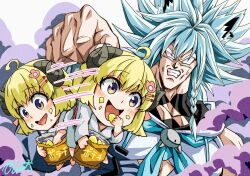 2girls ahoge animal_ears blank_eyes blonde_hair blue_eyes braid broly_(dragon_ball_z) buru-dai carrying chibi chips_(food) commentary_request dragon_ball dragonball_z eating food food_on_face hair_ornament hairclip hololive horns jacket motion_lines multiple_girls muscular potato_chips sheep_ears sheep_girl sheep_horns shirakami_fubuki side_braid signature smoke tsunomaki_watame virtual_youtuber white_hair white_jacket