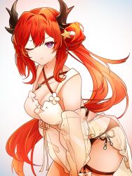 1girl arknights aza_nonoka breasts cleavage commentary dress hair_intakes hair_ornament hair_rings highres horns long_hair looking_at_viewer medium_breasts official_alternate_costume one_eye_closed purple_eyes red_hair side_ponytail sidelocks single_hair_ring solo star_(symbol) star_hair_ornament surtr_(arknights) surtr_(colorful_wonderland)_(arknights) thigh_strap thighs very_long_hair white_dress