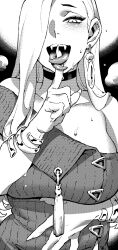 Rule 34 | 1girl, bare shoulders, breasts, choker, collarbone, dress, earrings, fangs, fate/grand order, fate (series), forked tongue, greyscale, hair over one eye, highres, hoop earrings, ireading, jewelry, long tongue, monochrome, mrs. snake (fate), mrs. snake (fate), open mouth, pointing, pointing at self, snake girl, sweater, sweater dress, tongue