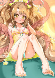 1girl barefoot benzaiten_(monster_strike) blush brown_hair chappu_(chapillust) feet highres long_hair looking_at_viewer monster_strike nipples panties pantyshot see-through_clothes smile soles toes underwear yellow_eyes