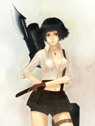 Rule 34 | 1girl, bad id, bad pixiv id, bike shorts, black hair, brown gloves, devil may cry, devil may cry (series), devil may cry 3, gloves, green eyes, heterochromia, highres, jewelry, kalina ann (weapon), lady (devil may cry), ladybird8n, midriff, navel, necklace, red eyes, rocket launcher, thigh strap, weapon