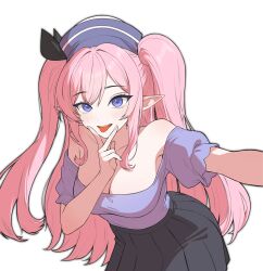 Rule 34 | 1girl, absurdres, armpit peek, bare shoulders, black skirt, blue hat, breasts, cleavage, commission, cowboy shot, hat, highres, leaning forward, long hair, looking at viewer, medium breasts, off-shoulder shirt, off shoulder, open mouth, original, outstretched arm, pink hair, pochigo, pointy ears, purple eyes, purple shirt, shirt, shirt tucked in, short sleeves, simple background, skirt, smile, solo, tongue, tongue out, two side up, v, v over mouth, very long hair, white background
