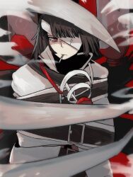 Rule 34 | 1girl, bandage over one eye, belt, black belt, black hair, bob cut, coat, gree n, limbus company, looking at viewer, oxygen mask, oxygen tank, project moon, red background, red eyes, ryoshu (project moon), short hair, simple background, smoking, solo, standing, straitjacket, thoracalgia (e.g.o), upper body, white coat