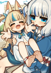 2girls animal_ear_fluff animal_ears artist_name barefoot blonde_hair blue_eyes blue_hair blue_hoodie blue_sailor_collar carrying carrying_person cat_ears closed_eyes commentary dress english_commentary fang feet fins fish_tail flat_chest flying_sweatdrops gawr_gura grey_hair hair_ornament highres hololive hood hoodie indie_virtual_youtuber kotoba_(1074421015) long_hair multicolored_hair multiple_girls navel one_side_up open_mouth reaching reaching_towards_viewer sailor_collar sailor_dress sameko_saba shark_girl shark_hair_ornament shark_print shark_tail sitting soles streaked_hair tail textless_version toes virtual_youtuber voice_actor_connection white_dress