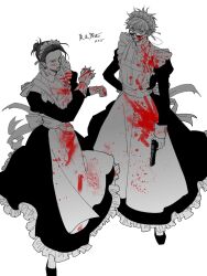 2boys apron black_dress black_hair blood blood_on_clothes blood_on_face blood_on_hands blood_splatter commentary_request dress earrings fighting_stance frilled_dress frills from_above full_body getou_suguru gojou_satoru gun hair_bun hair_slicked_back hand_on_own_hip hand_up handgun highres holding holding_gun holding_weapon implied_murder jewelry jujutsu_kaisen limited_palette maid maid_apron maid_headdress male_focus multiple_boys narrowed_eyes ntyk_no short_hair slippers spiked_brass_knuckles spiked_hair stud_earrings translation_request weapon