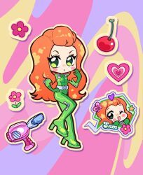 1girl abstract_background animification blush bodysuit catsuit cherry chibi chibi_only eyelashes flower food fruit green_bodysuit green_eyes heart leg_up long_hair looking_at_viewer oceaninspace orange_hair sam_(totally_spies) solo totally_spies y2k_fashion