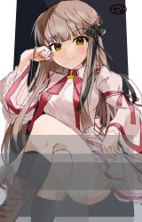 1girl arm_at_side black_background black_ribbon black_socks blunt_bangs blush boots breasts closed_mouth commentary crossed_legs eyelashes feet_out_of_frame frilled_sleeves frills hair_ribbon hand_up juliet_sleeves kazamatsuri_institute_high_school_uniform large_breasts long_hair long_sleeves looking_at_viewer neck_ribbon puffy_sleeves red_ribbon rewrite ribbon ribbon-trimmed_sleeves ribbon_trim school_uniform senri_akane sidelocks signature sitting smile smug socks solo straight-on straight_hair thighs very_long_hair wide_sleeves yellow_eyes zenoo