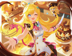 &gt;_&lt; 1girl 4girls ;d absurdres apron birthday_cake blonde_hair blue_eyes bow breasts cake chef_hat chibi chocolate commentary_request dafu_zhentan dress escoffier_(genshin_impact) food fork furina_(genshin_impact) genshin_impact hair_ornament hat highres holding holding_knife indoors knife long_hair looking_at_viewer lumine_(genshin_impact) multiple_girls navia_(genshin_impact) one_eye_closed open_mouth paimon_(genshin_impact) plate ribbon sleeveless smile toque_blanche very_long_hair white_dress wrist_cuffs