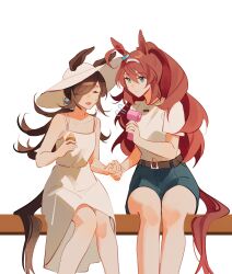 Rule 34 | 2girls, ahoge, animal ears, bare shoulders, belt, bench, blue eyes, blue shorts, breasts, brown hair, closed eyes, closed mouth, couple, denim, denim shorts, dress, ear ornament, food, grey hairband, hair between eyes, hair ornament, hair over one eye, hairband, hand fan, handheld electric fan, hat, highres, holding, holding fan, holding food, holding hands, holding ice cream, horse ears, horse girl, horse tail, ice cream, ice cream cone, long hair, mihono bourbon (umamusume), multiple girls, open mouth, rice shower (umamusume), shirt, short sleeves, shorts, silver hairband, simple background, sitting, sleeveless, sleeveless dress, sun hat, tail, umamusume, white background, white dress, white shirt, ylceon, yuri