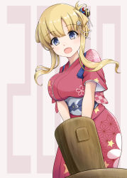 1girl 2020 alternate_costume alternate_hairstyle blonde_hair blue_eyes blush breasts commentary female_focus fletcher_(kancolle) hair_ornament hair_up highres holding japanese_clothes kantai_collection kimono kine mallet mmt_uf obi open_mouth pink_background sash sidelocks simple_background solo star_(symbol) star_print text_background